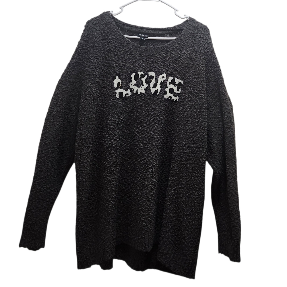 Torrid Love Sweater Womens 3X Gray Popcorn Knit Embroidered Drop Shoulder Cozy